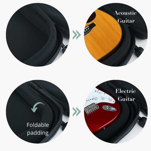 Ingenious foldable padding system — quickly switch from acoustic to electric guitar with a few simple adjustments.